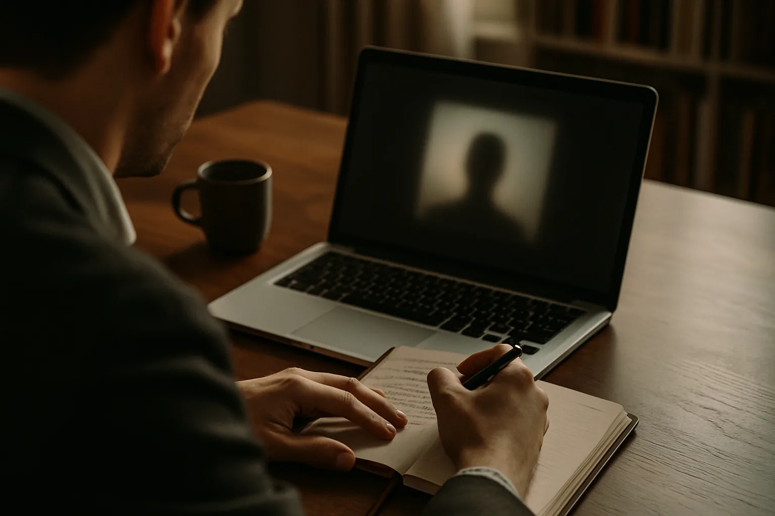 Interviewer taking notes at a walnut desk while a video call plays softly on a laptop