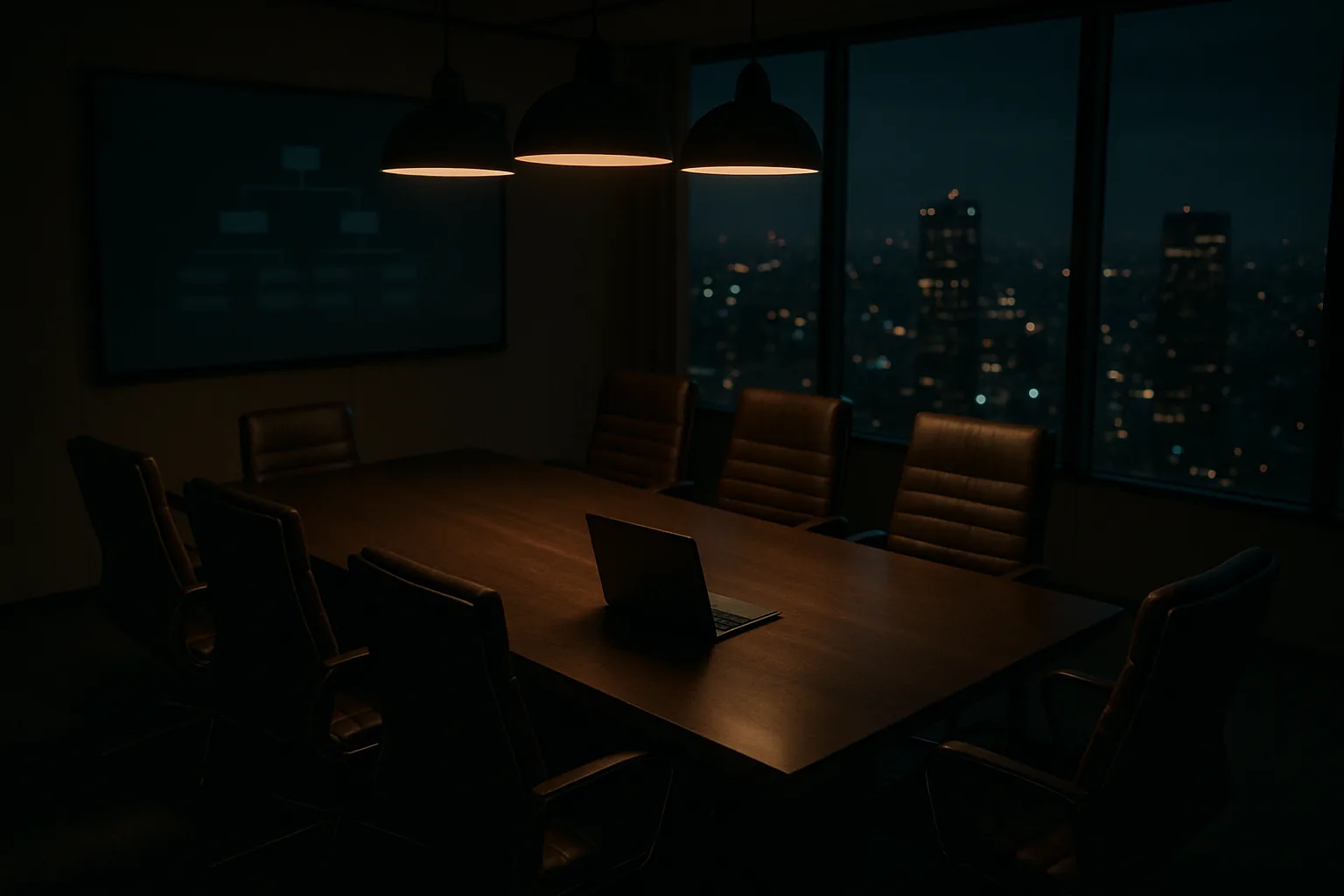 Empty modern boardroom at night with an open laptop and an org-chart visualization on the wall display